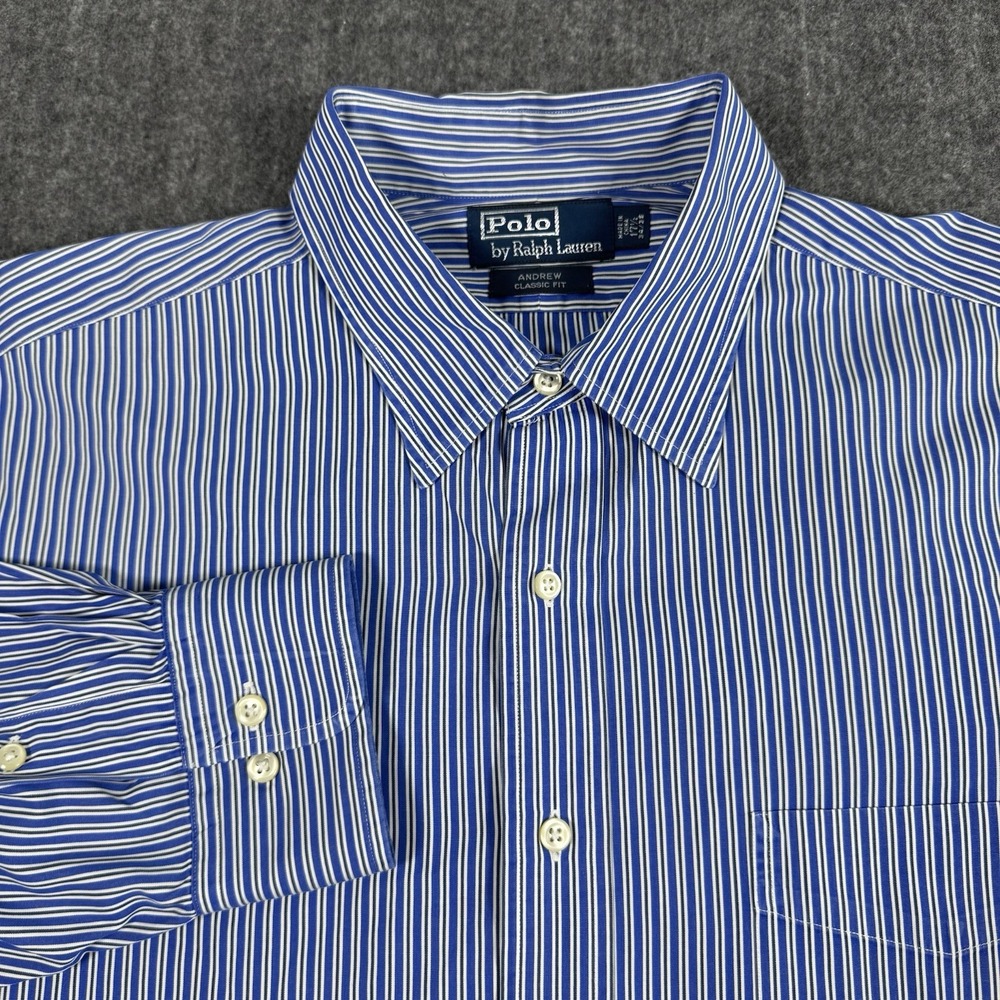 Polo Ralph Lauren Andrew Classic Fit 17.5 34/35 Blue Striped Cotton Dress Shirt